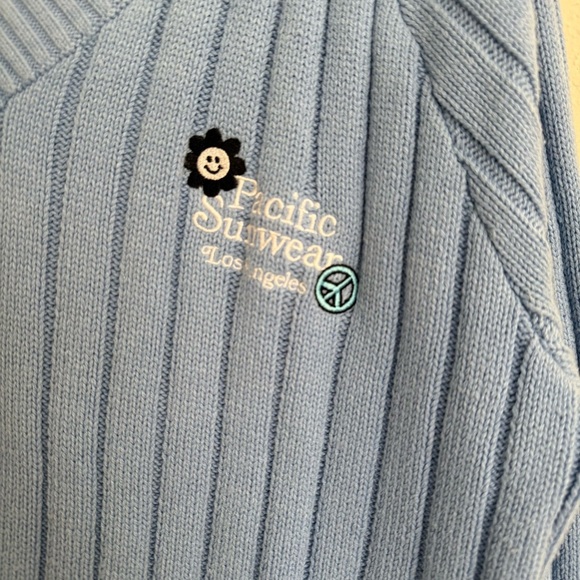 Pacsun Baby Blue Ribbed Knit V Neck Sweater Size S Oversized Preppy Embroidered - Picture 5 of 8